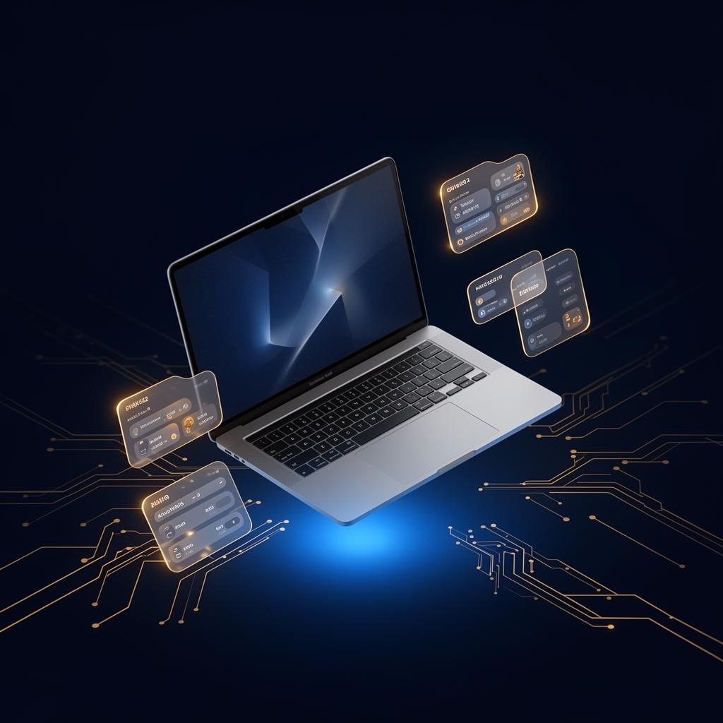 Premium laptop floating with tech graphics